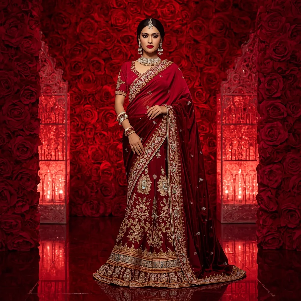 Royal Crimson Rose Empress Saree Fashion with Ruby Floral Fortress Background | 4k Ai Prompt