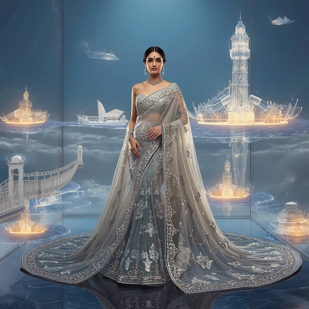Royal Crystal Harbor Saree with Floating Lighthouse Empire | Instagram Post Ai Prompt