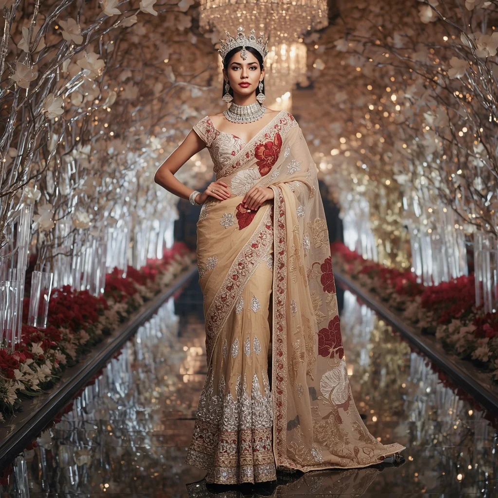 Royal Diamond Lily Crown Saree Fashion with Luxury Crystal Blossom Empire Background | Prompt For Traditional Look For Girl Chatgpt Instagram