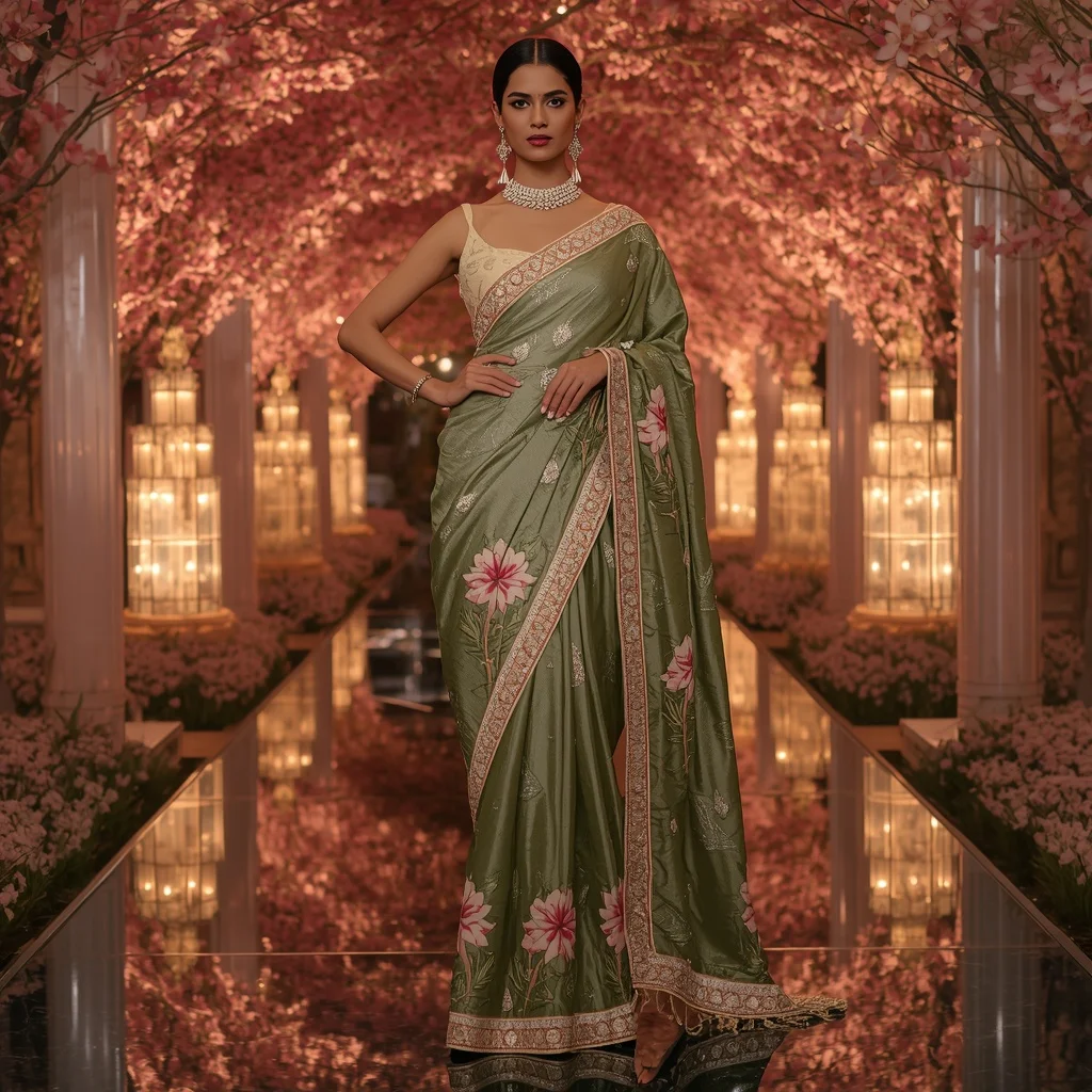 Royal Diamond Water Lily Saree with Luxury Crystal Blossom Pavilion Background | Sora Ai Prompt