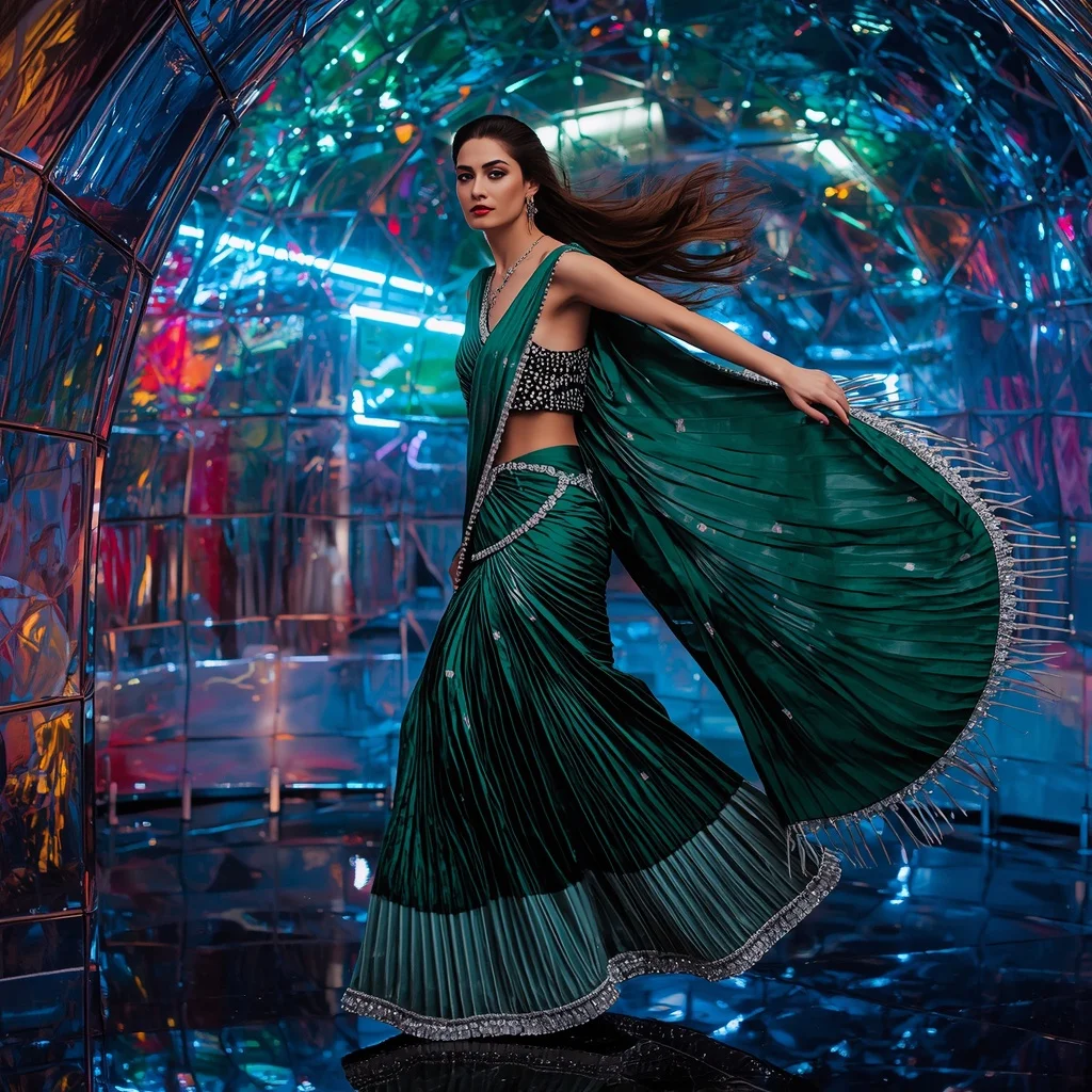 Royal Eclipse Saree with Infinity Reflection Neon Domes | Fitness Model Ai Prompt