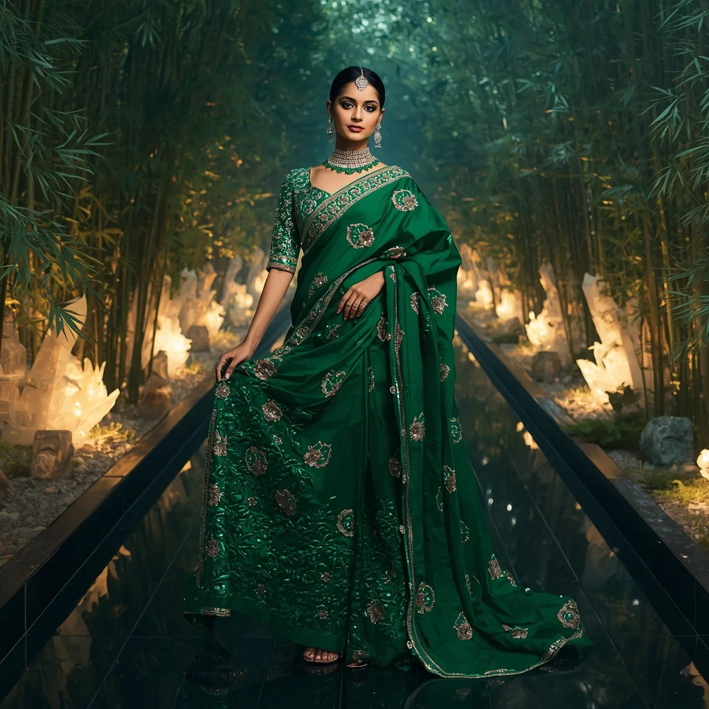 Royal Emerald Bamboo Empress Saree Fashion with Crystal Zen Kingdom Background | Prompt Seen Girl Kurti