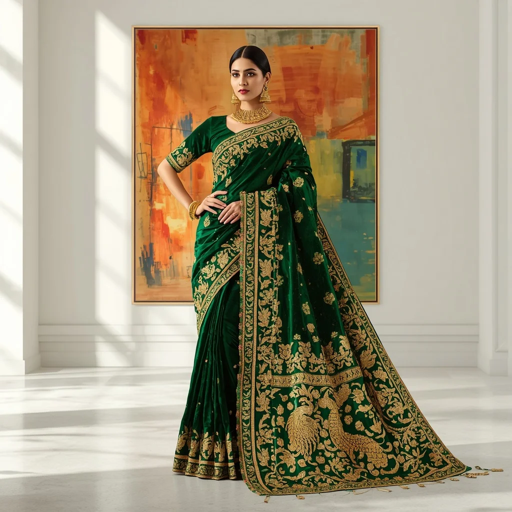 Royal Emerald Green Velvet Saree with Heavy Gold Zardosi | Free Ai Prompt