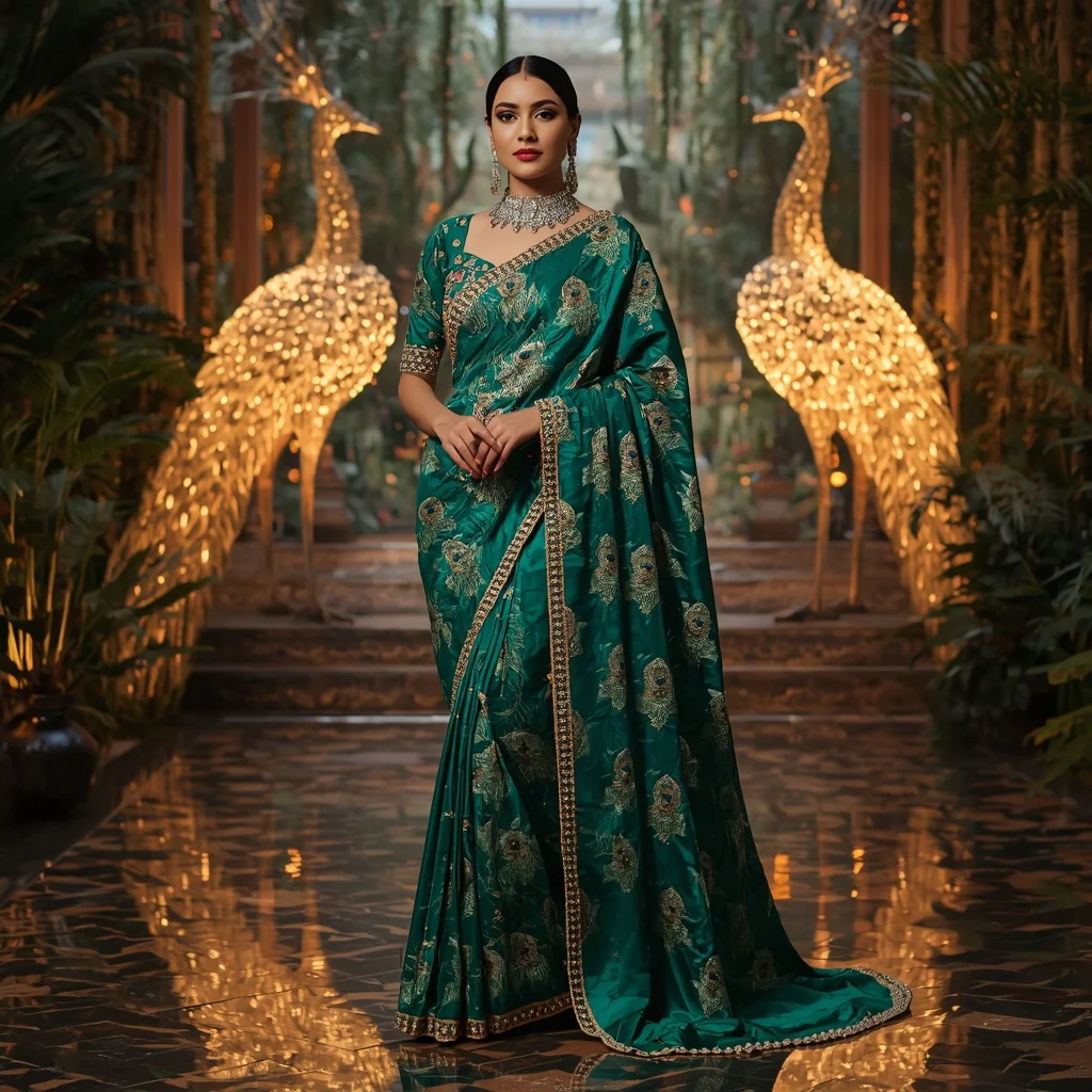 Royal Emerald Jungle Peacock Saree Fashion with Crystal Rainforest Palace Background | New Instagram Trend Prompt For Girl And Boy Aesthetic