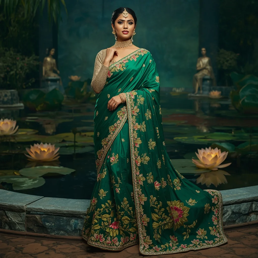Royal Emerald Lotus Garden Maharani Saree Fashion with Floating Crystal Pond Background | Girl Prompt