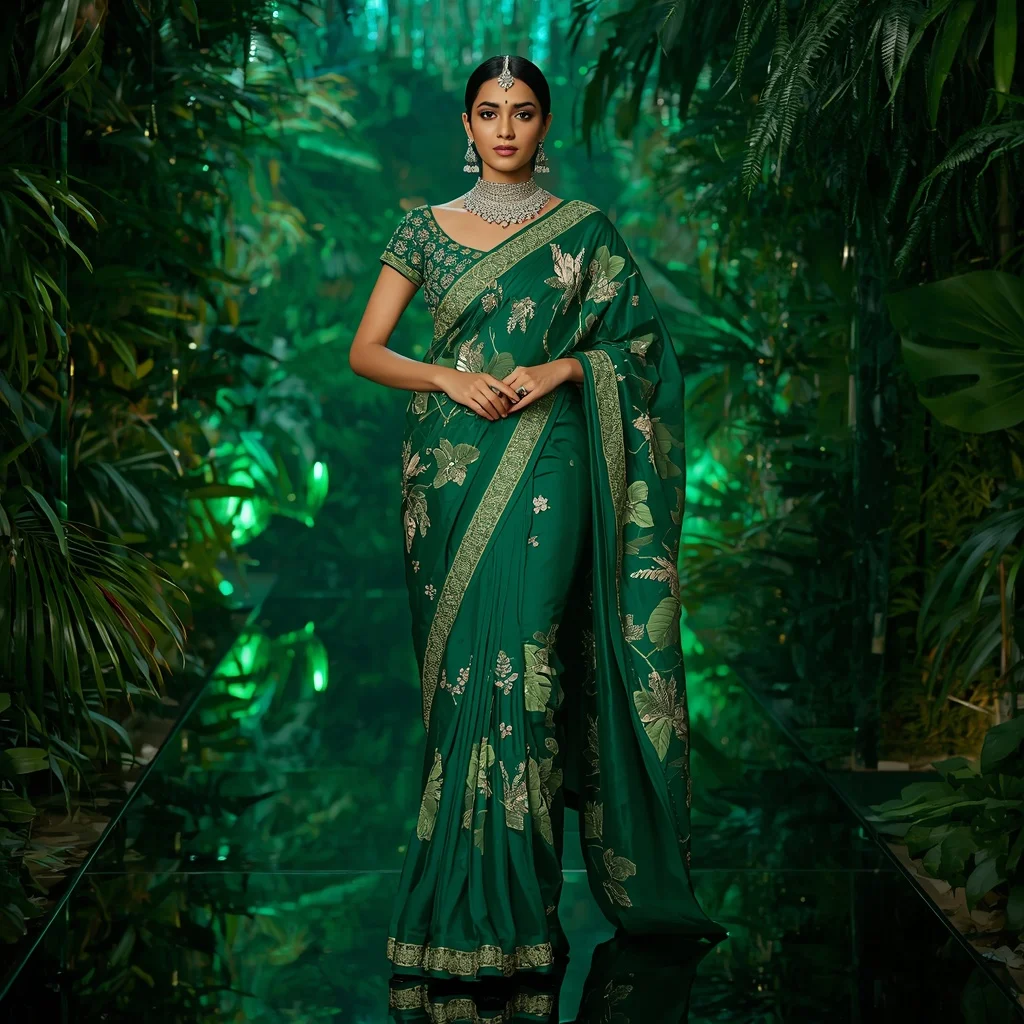 Royal Emerald Rainforest Goddess Saree Fashion with Luxury Crystal Jungle Walkway Background | Whatsapp Dp Ai Prompt