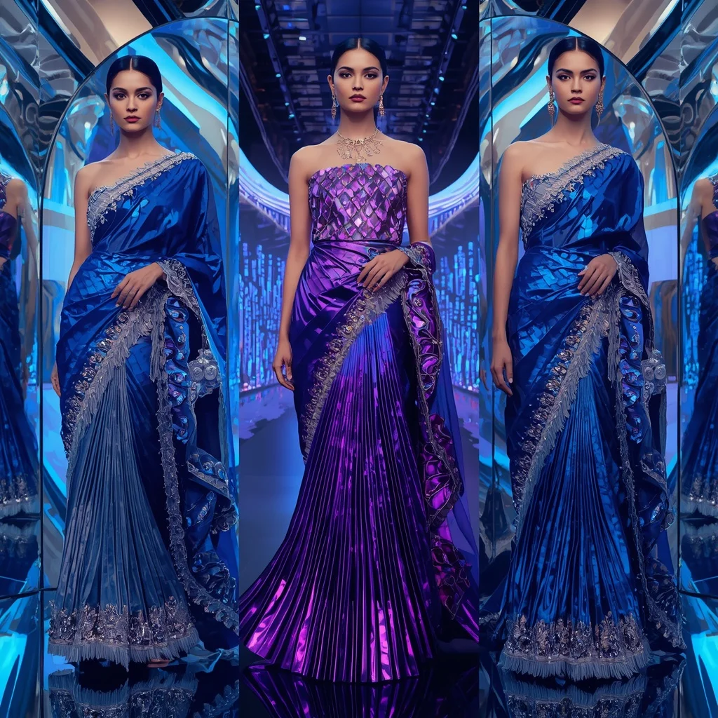 Royal Galaxy Saree with Triple Couture Poses and Holographic Runway Hall | Traditional Saree Ai Prompt
