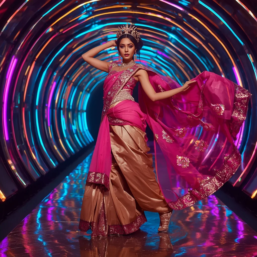 Royal Neon Empress Saree with Curved Infinity Tunnel | Trending Prompt For Gemini Ai Girl