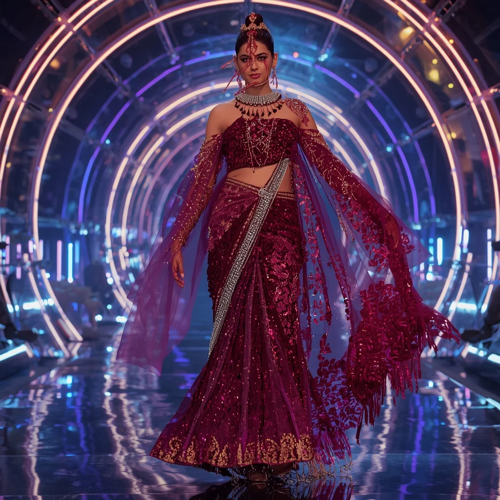 Royal Ruby Eclipse Empress Saree with Neon Arc Prism Observatory | Prompt Seen Girl Lehenga