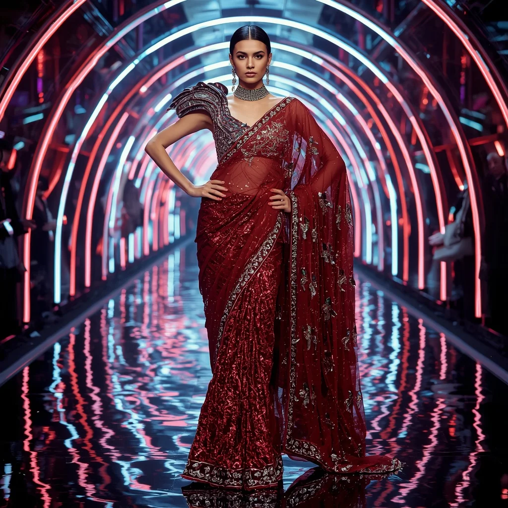 Royal Ruby Eclipse Empress Saree with Neon Arc Reflection Tunnel | Prompt Seen Horror Girl
