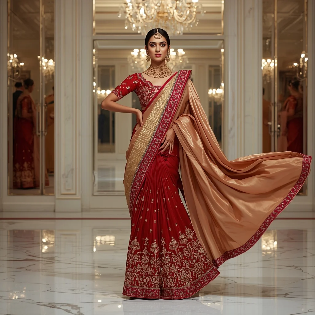 Royal Ruby Empress Saree with Grand Mirror Ballroom | Prompt Seen Girl Lehenga