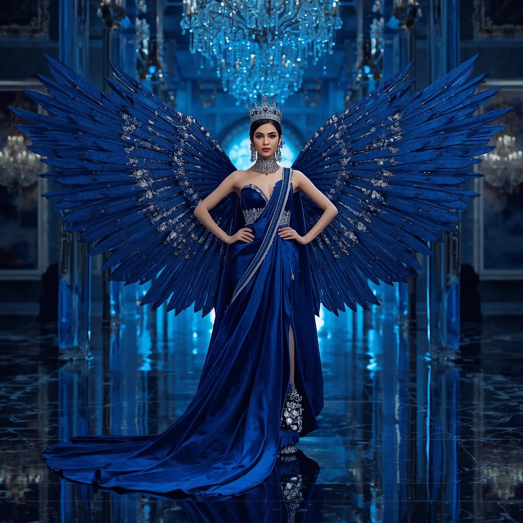 Royal Sapphire Crown Wing Saree with Blue Crystal Palace | Attitude Girl Prompt