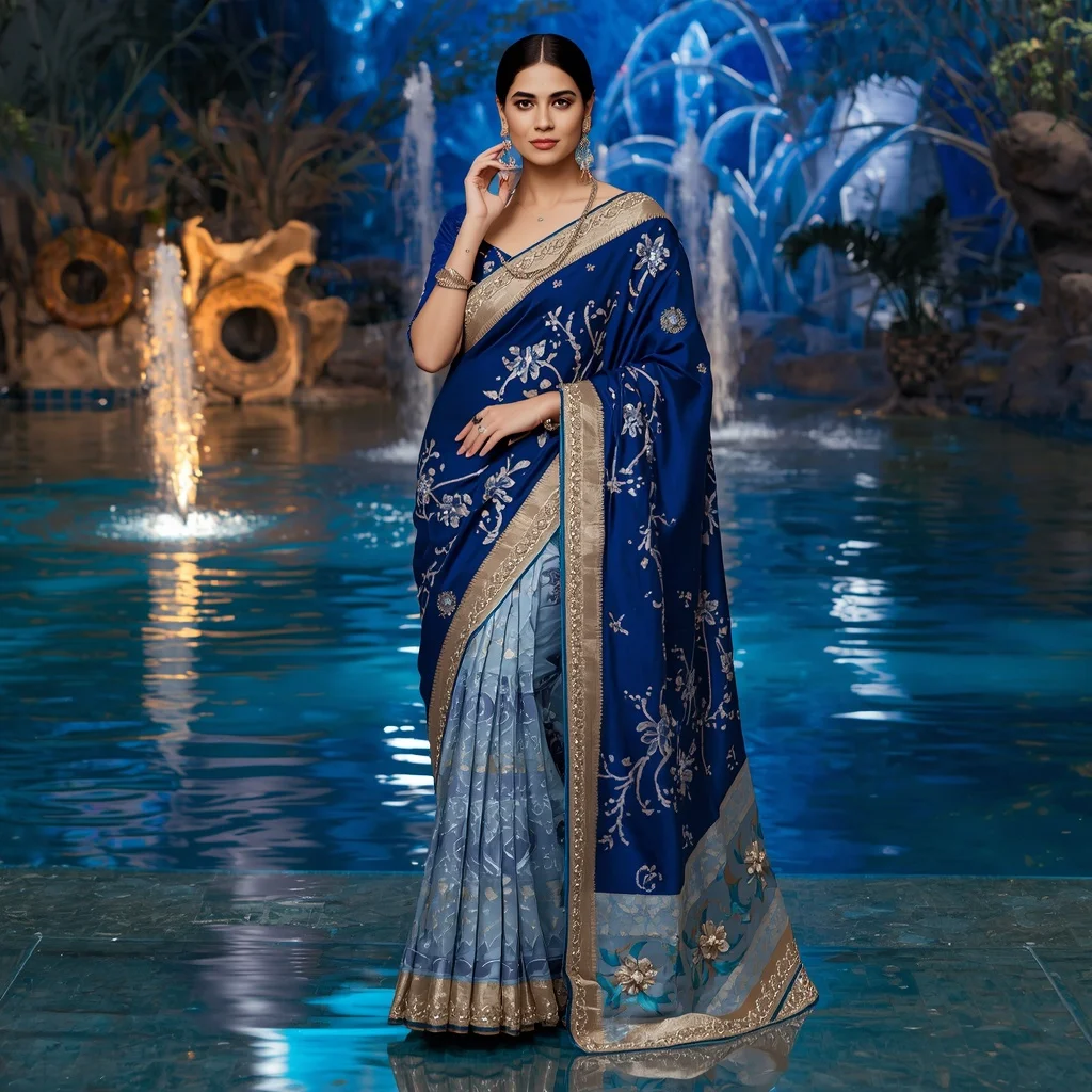 Royal Sapphire Ocean Blossom Saree Fashion with Crystal Lagoon Paradise Background | Youtube Thumbnail Ai Prompt