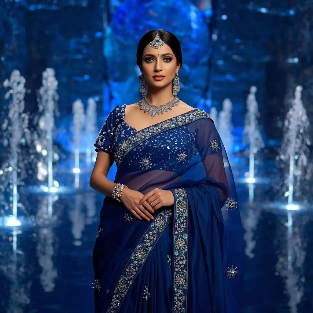 Royal Sapphire Ocean Jewel Saree Fashion with Crystal Waterfall Palace Background | Leonardo Ai Image Prompt