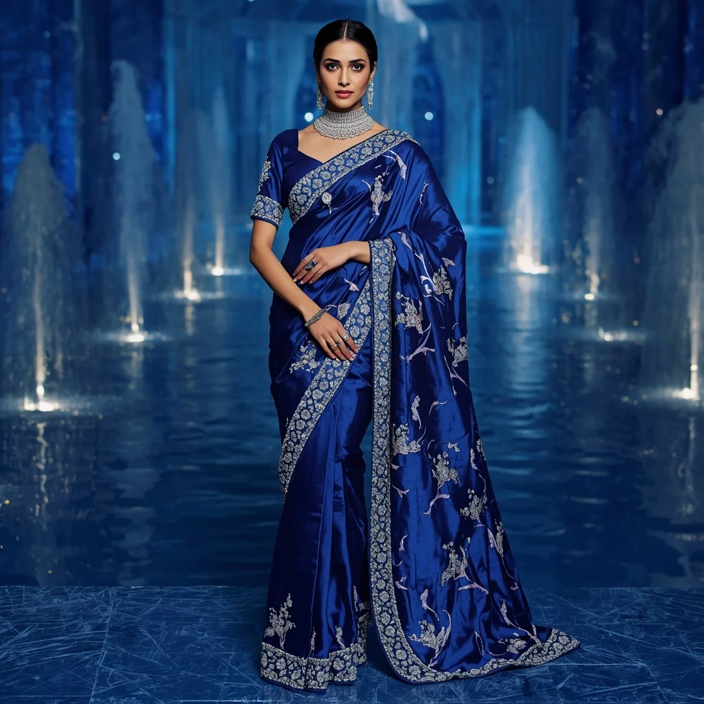 Royal Sapphire Water Lily Saree Fashion with Crystal Lagoon Palace Background | Copy Paste Ai Prompt