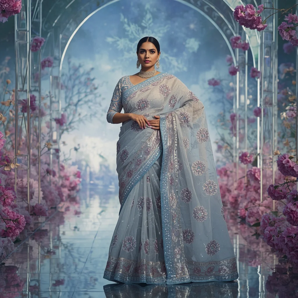 Royal Silver Aurora Blossom Saree Couture with Celestial Crystal Sky Garden Background | Prompt AI For Girl