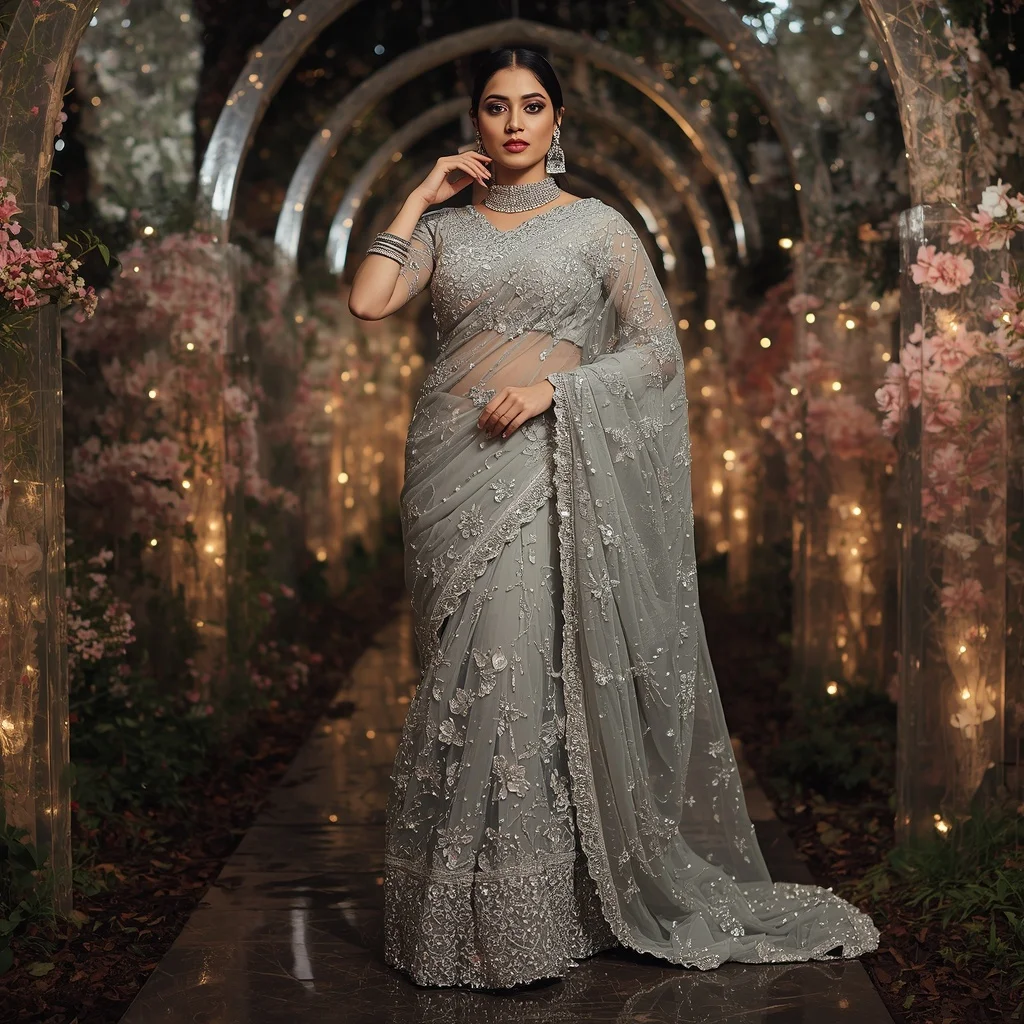 Royal Silver Celestial Bloom Saree Couture with Starlight Crystal Garden Background | Prompt Gemini Ai