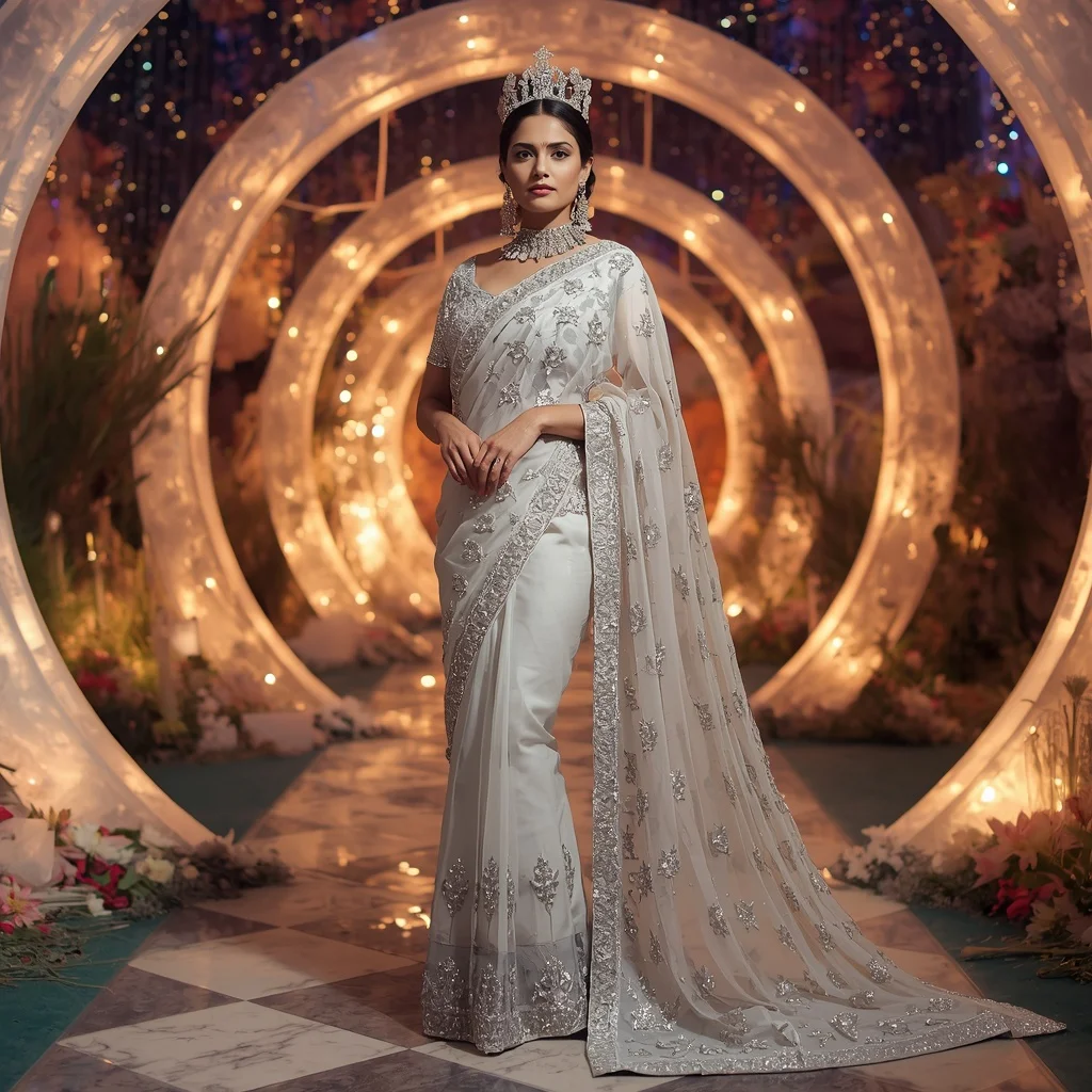 Royal Silver Moon Crown Saree Couture with Celestial Crystal Paradise Background | Prompt Seen Girl Photo Editing ChatGPT