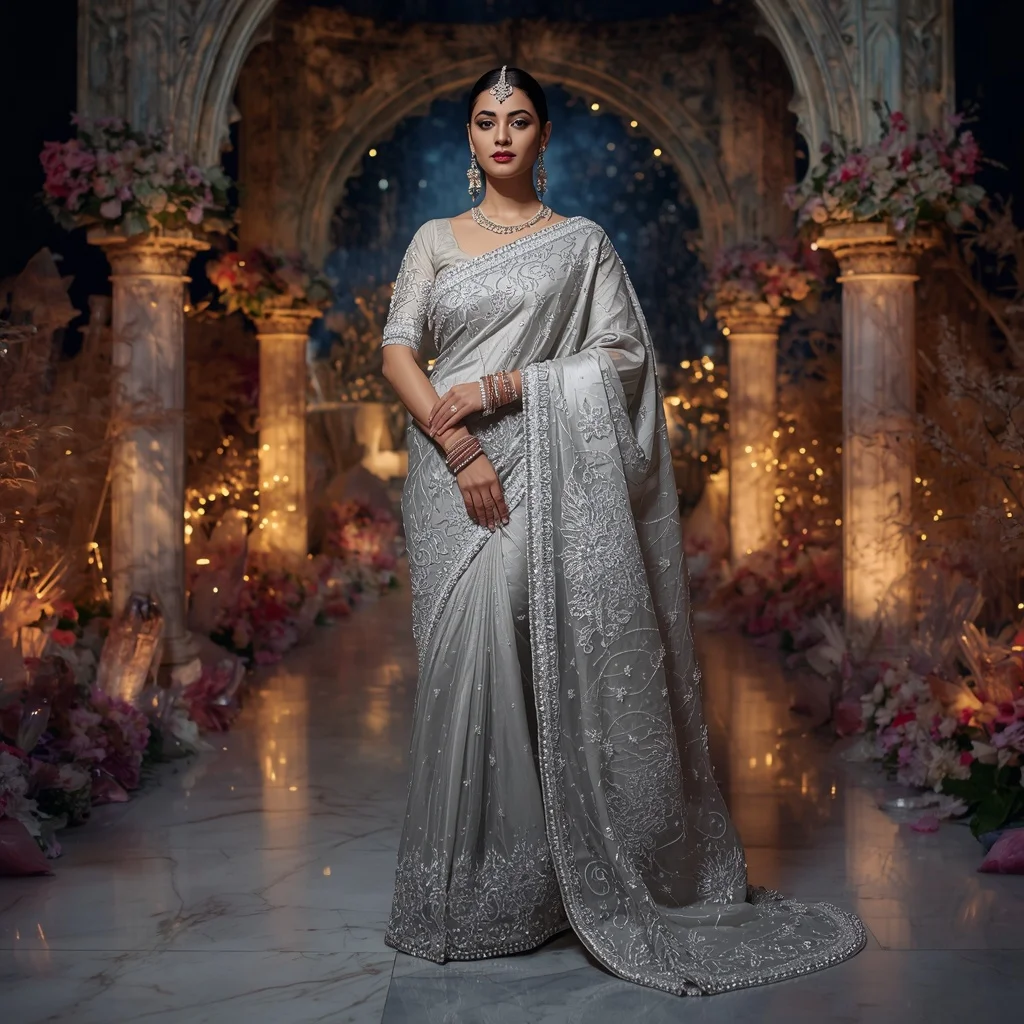Royal Silver Starlight Empress Saree Couture with Celestial Crystal Terrace Background | Prompt For Traditional Look For Girl Chatgpt Instagram