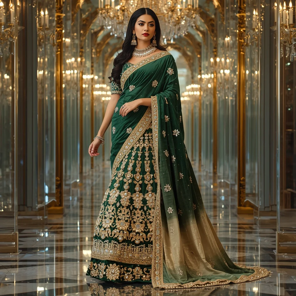 Royal Velvet Emerald Crown Palace Saree with Crystal Maharani Empire | Instagram Influencer Ai Prompt