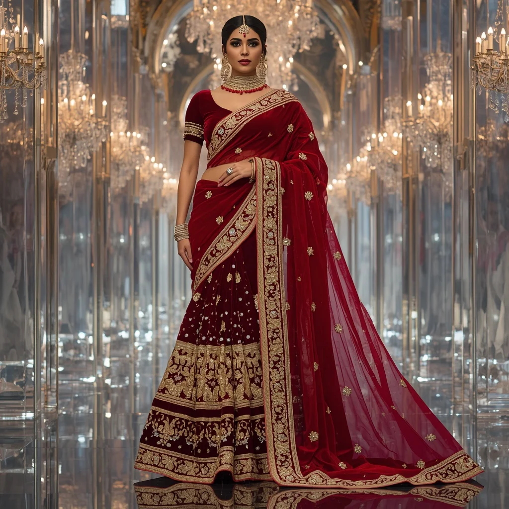 Royal Velvet Ruby Observatory Saree with Crystal Maharani Empire | Ultra Realistic Ai Prompt