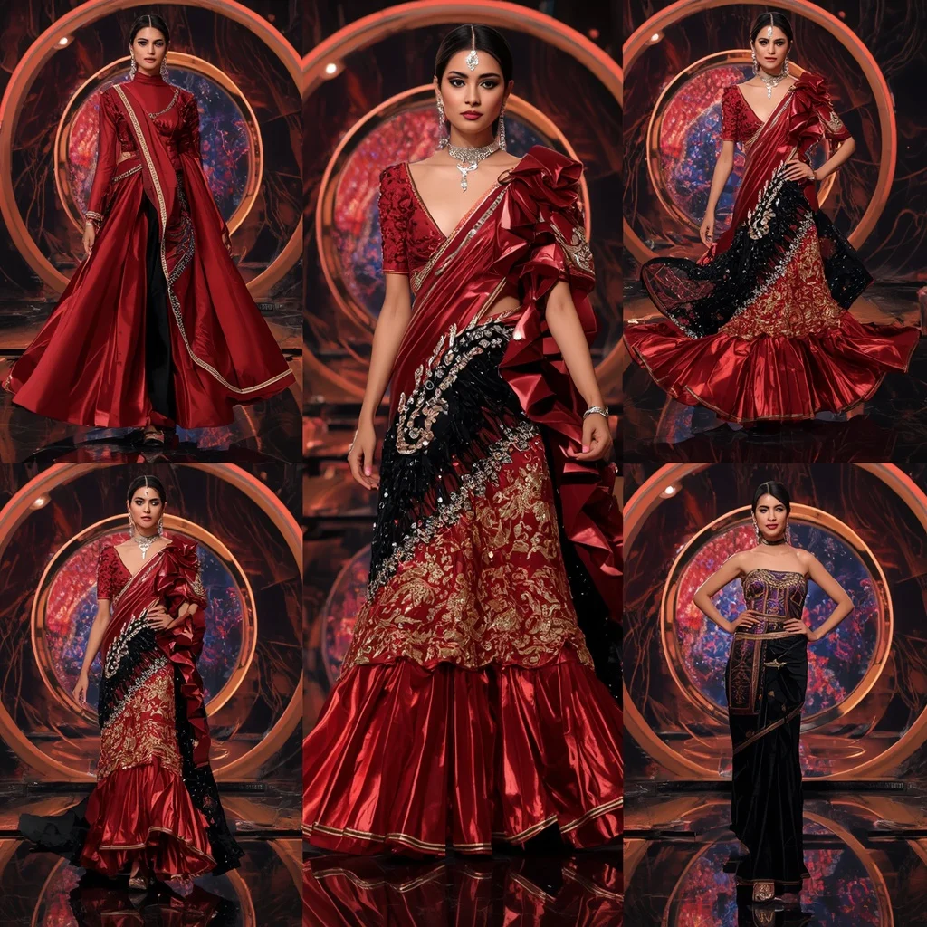 Ruby Aurora Armor Saree with Floating Celestial Chamber | Ultra Realistic Ai Prompt