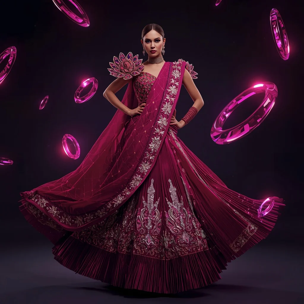 Ruby Aurora Lotus Flame Saree with Neon Crystal Petal Rings | Indian Bride Saree Ai Prompt