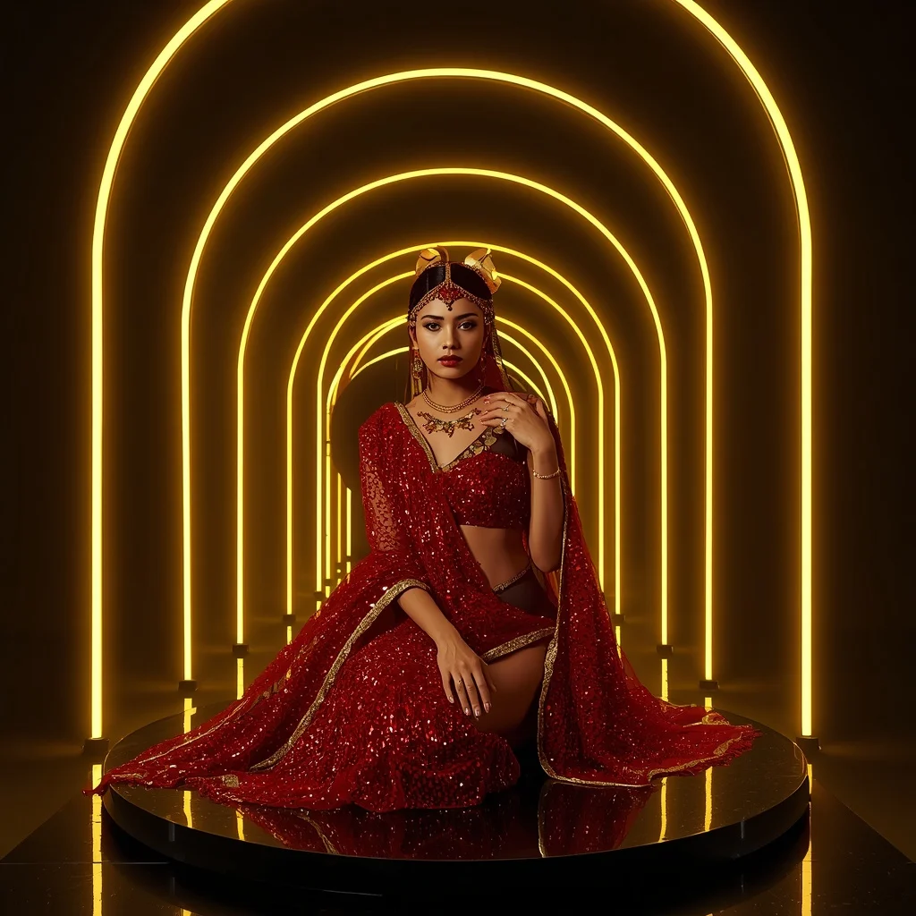 Ruby Crystal-Mesh Saree – Seated Sphinx Pose with Neon Yellow Arches | Gemini Ai Photo