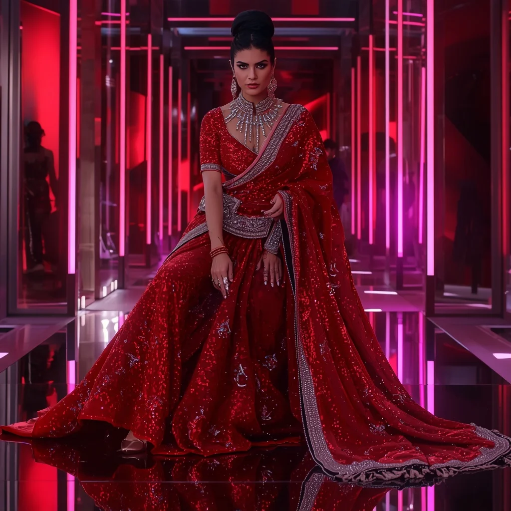 Ruby Crystal Royale Saree with Neon Reflection Citadel | Saree Look Ai Prompt