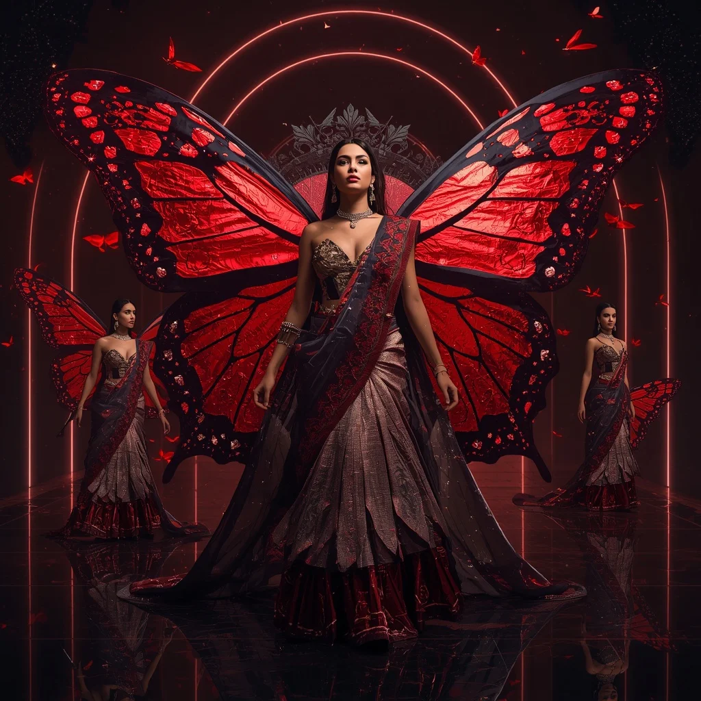 Ruby Eclipse Butterfly Saree with Multiple Dramatic Poses and Dark Palace Background | Art Ai Prompt