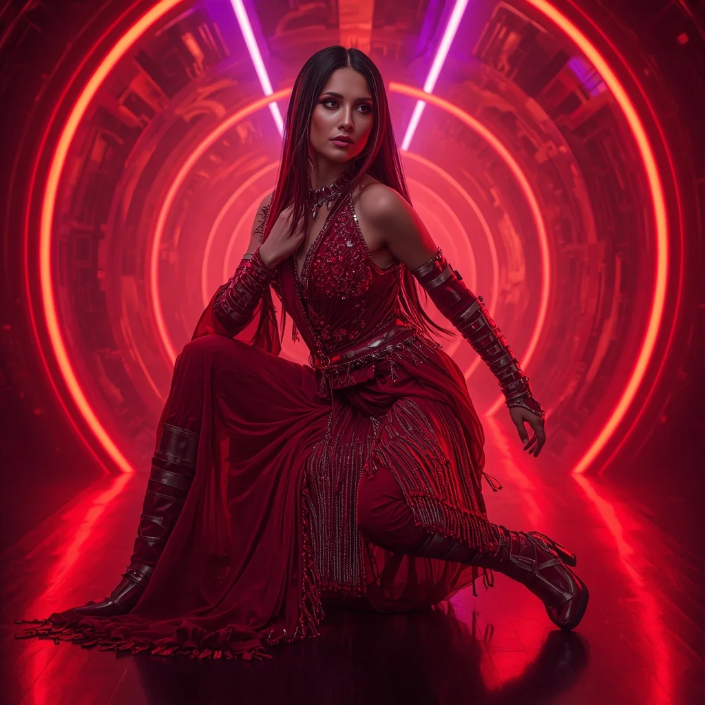 Ruby Eclipse Singularity Apex Infinity Armor Saree with Neon Ribbon Quantum Tunnel Vault Core Collapse Nexus Field | Trending Prompt Girls Traditional