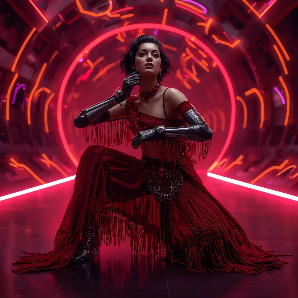 Ruby Eclipse Singularity Armor Saree with Neon Ribbon Quantum Tunnel Engine Vault Core Collapse Nexus Field System | Gemini Ai Prompt For Instagram