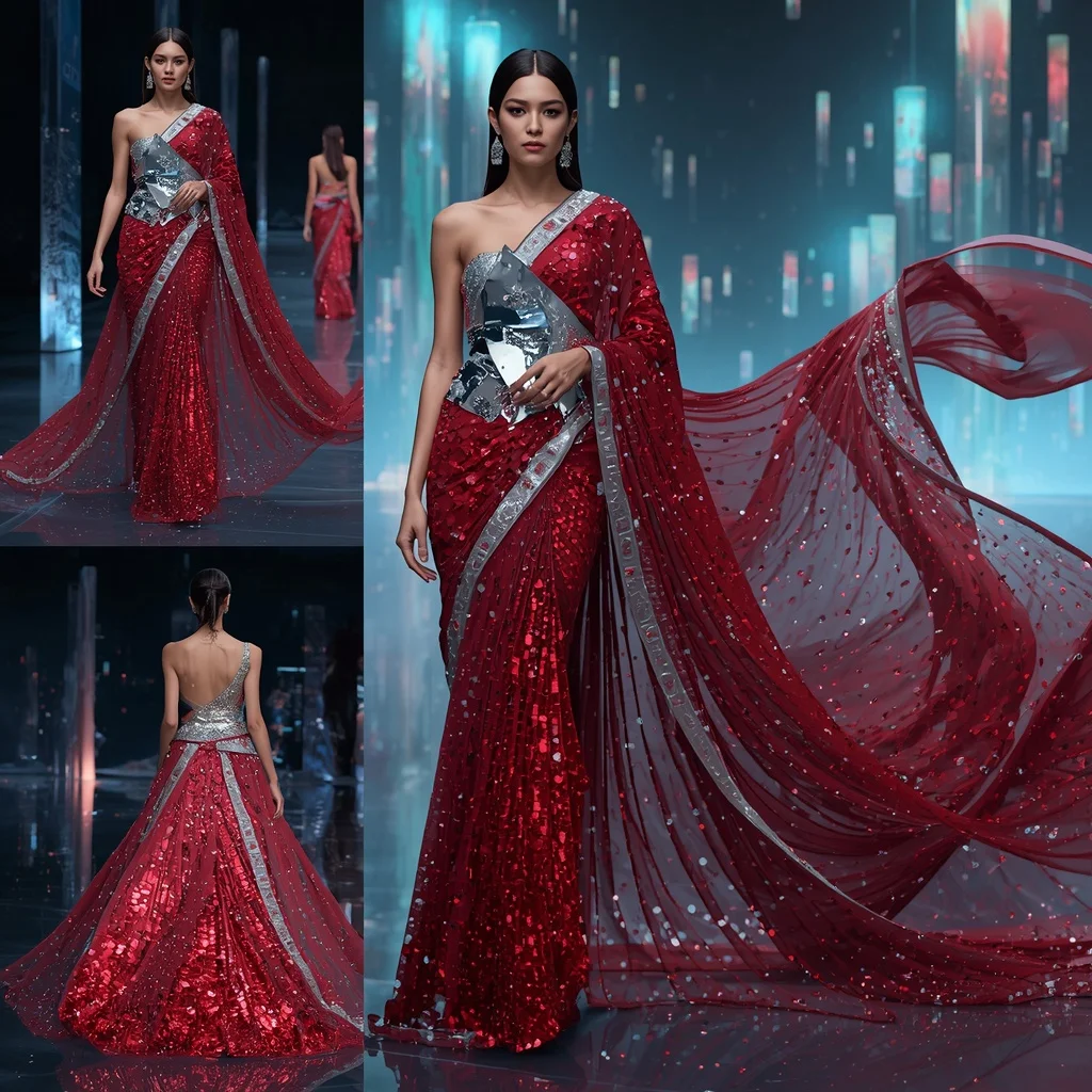 Ruby Ice Majesty Saree with Floating Aurora Towers | Desi Girl Ai Prompt