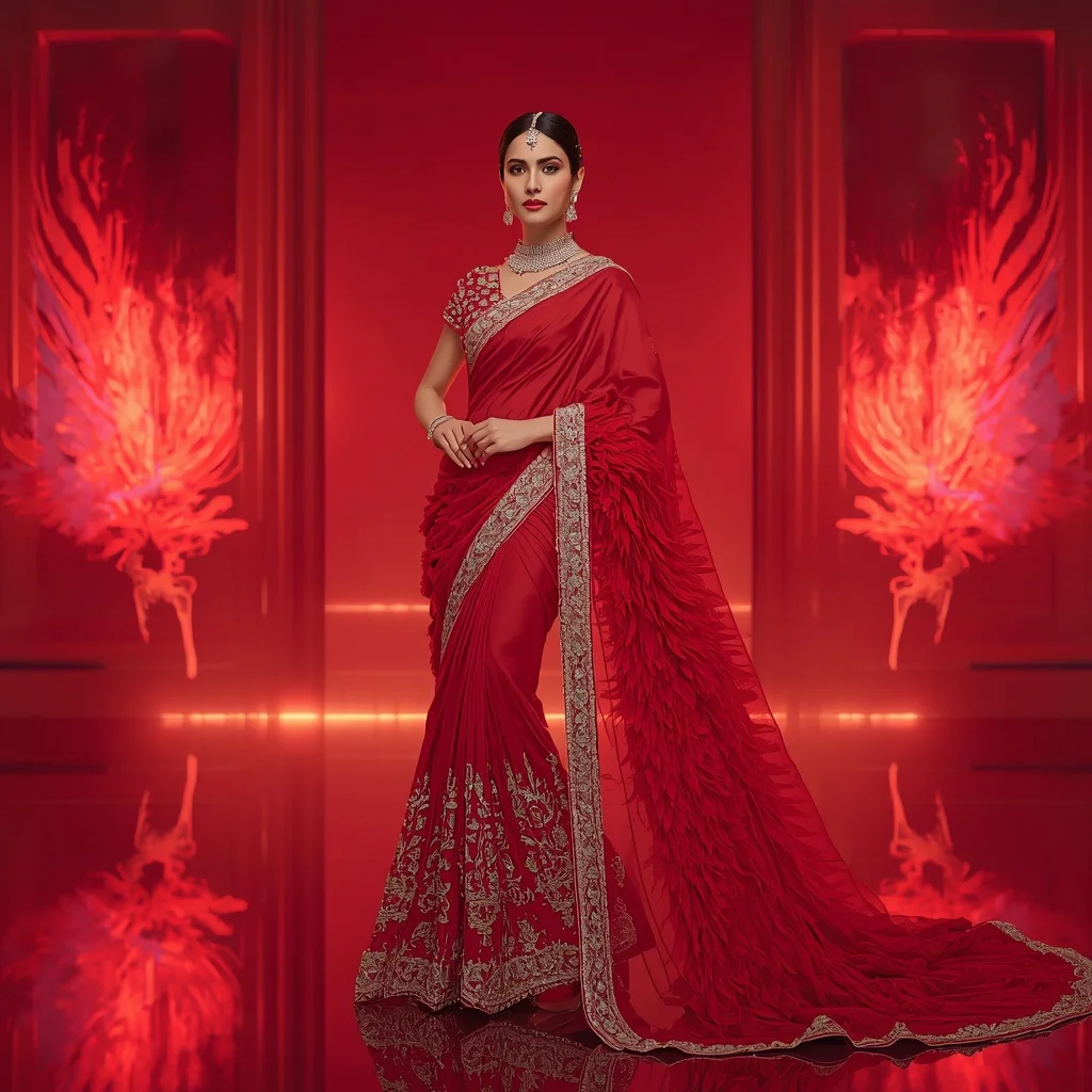 Ruby Phoenix Aurora Saree – Heavy Bridal Glam Saree with Royal Pose and Phoenix Aurora Kingdom Background | Instagram Model Ai Prompt