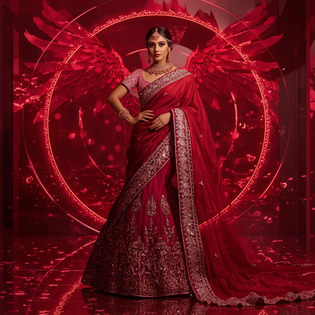 Ruby Phoenix Mirage Saree – Heavy Bridal Glam Saree with Royal Pose and Phoenix Mirage Kingdom Background | Festival Prompt