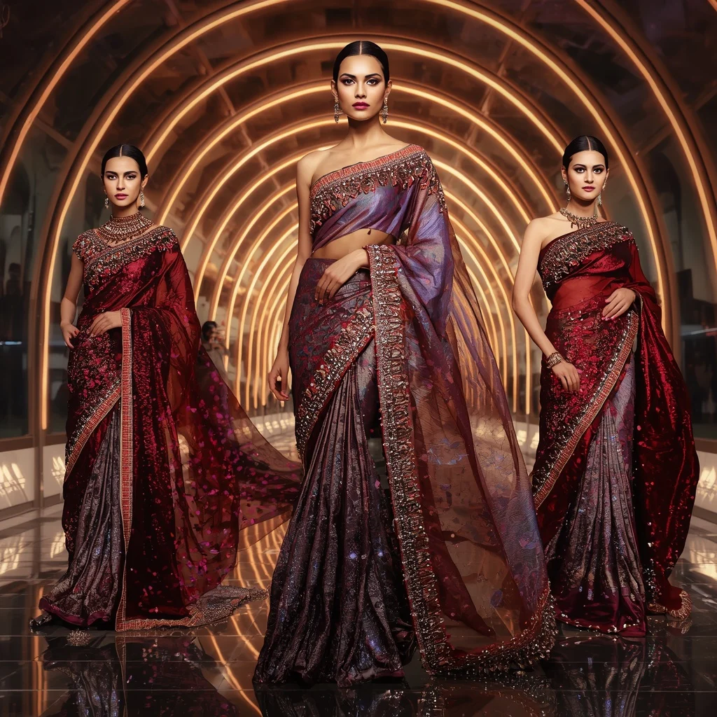 Ruby Prism Metallic Saree with Curved Neon Arc Galaxy Temple | Instagram Highlight Cover Ai Prompt