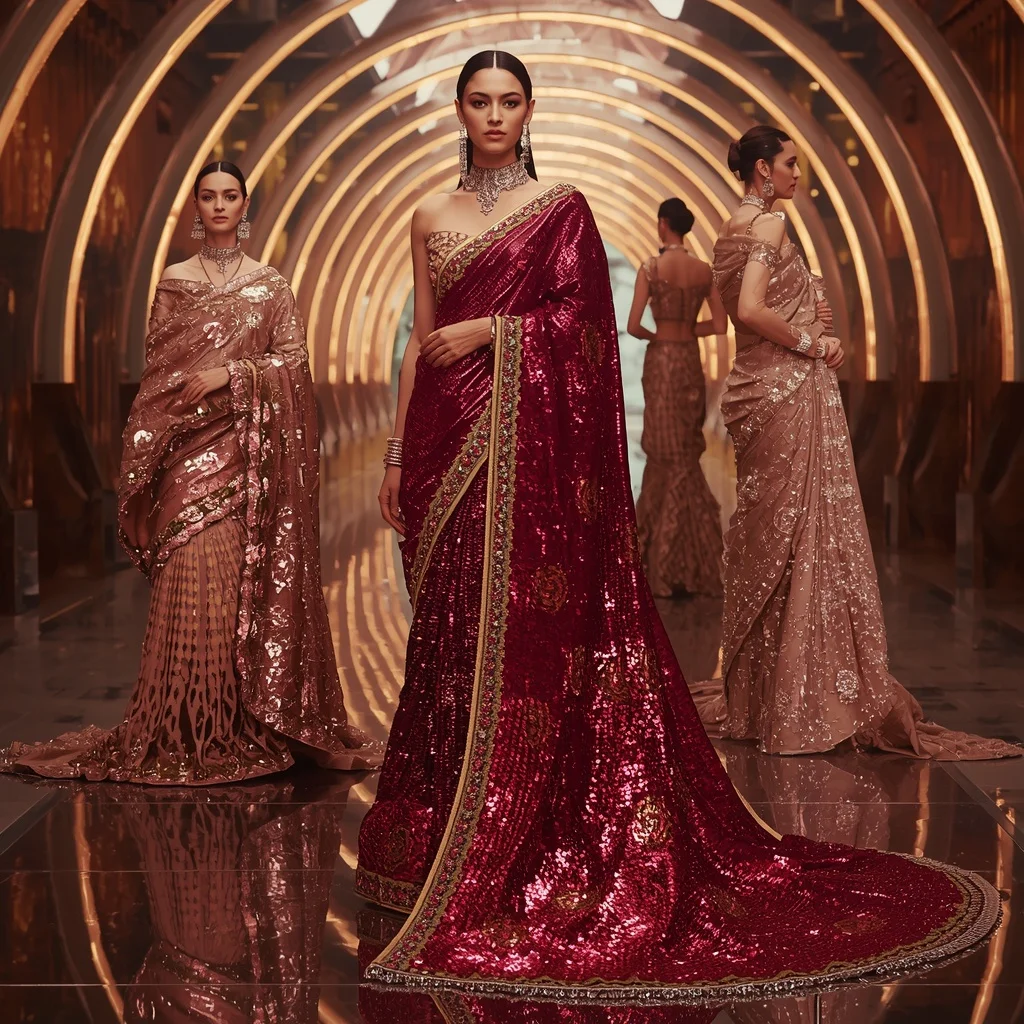 Ruby Prism Metallic Saree with Curved Neon Arc Infinity Crystal Cathedral | New Design Ai Prompt
