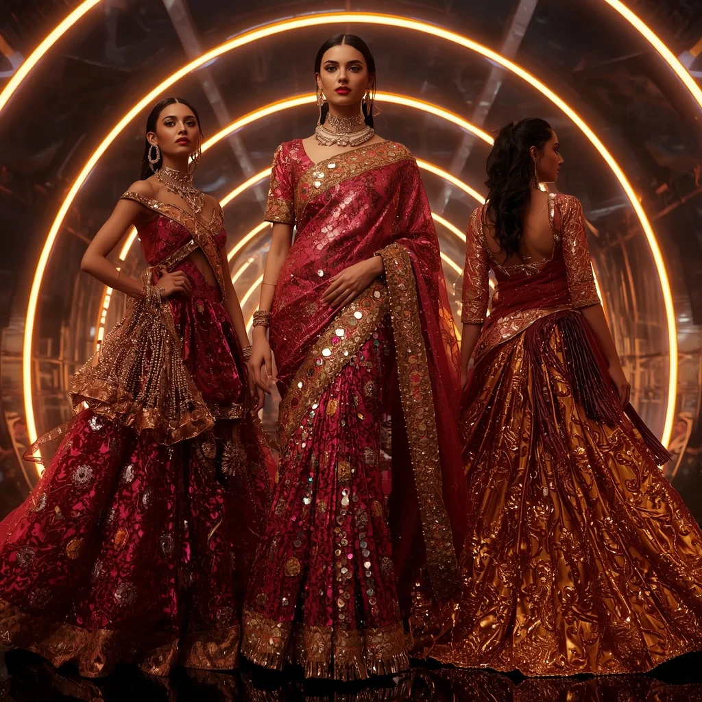 Ruby Prism Metallic Saree with Curved Neon Arc Infinity Fortress | Prompt For Girls Trending
