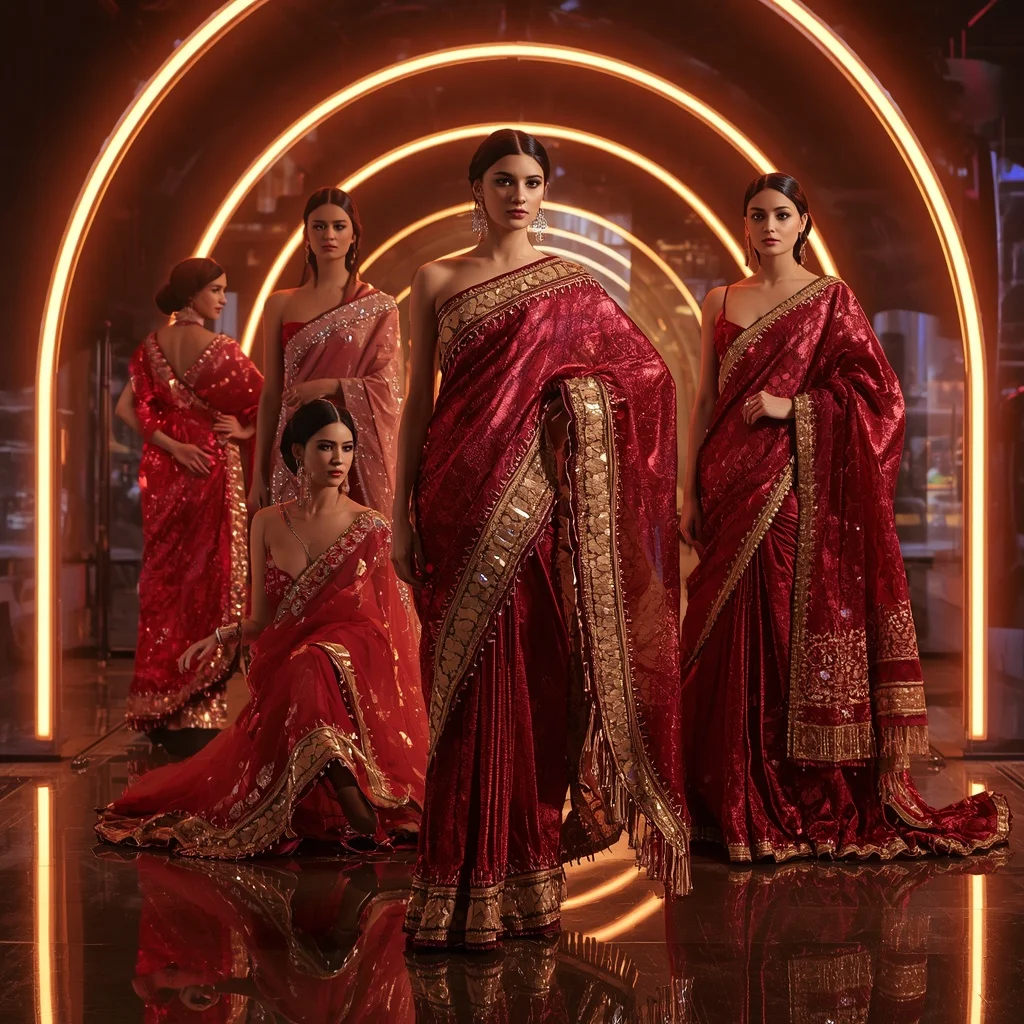 Ruby Prism Metallic Saree with Curved Neon Arc Sanctuary | Midjourney Prompt List