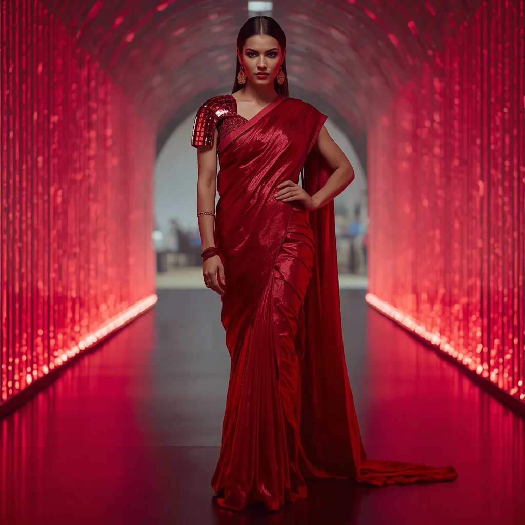 Ruby Red Armor-Drape Saree in Digital Waterfall Gallery | Grok Ai Prompt