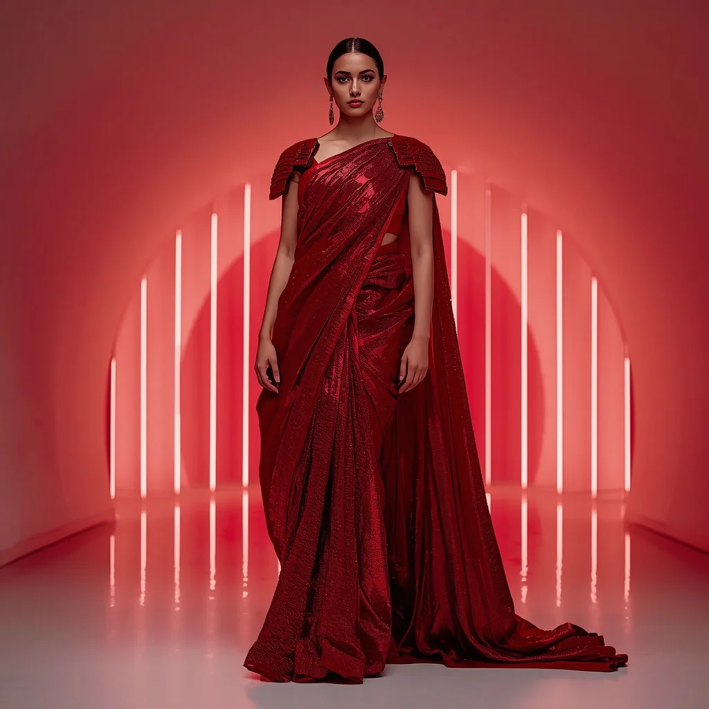 Ruby Red Armor-Drape Saree with Digital Waterfall Gallery | Instagram Viral Photo Ai Prompt