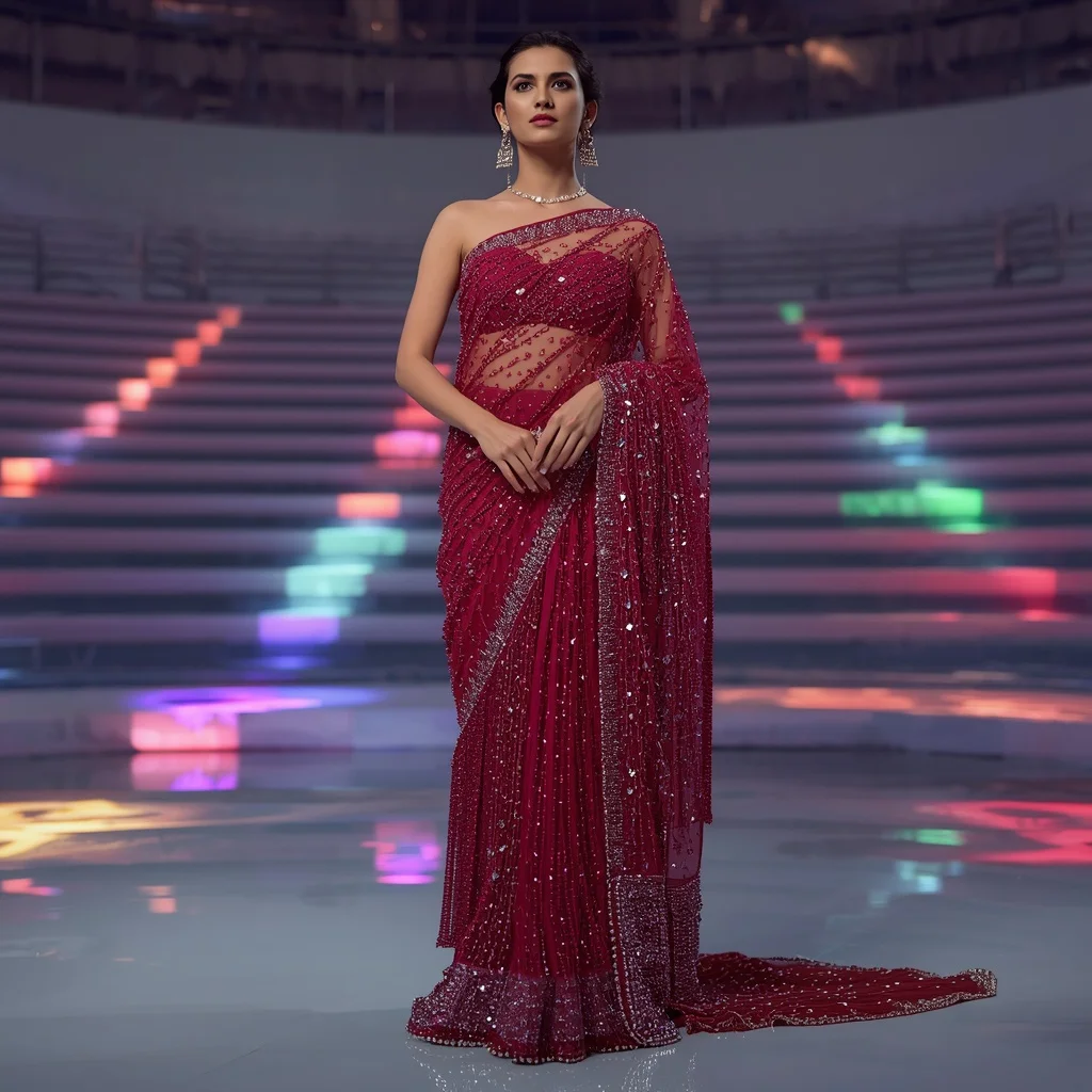 Ruby Red Net Saree with Swarovski Overload and Beaded Fringes | Gym Influencer Ai Prompt