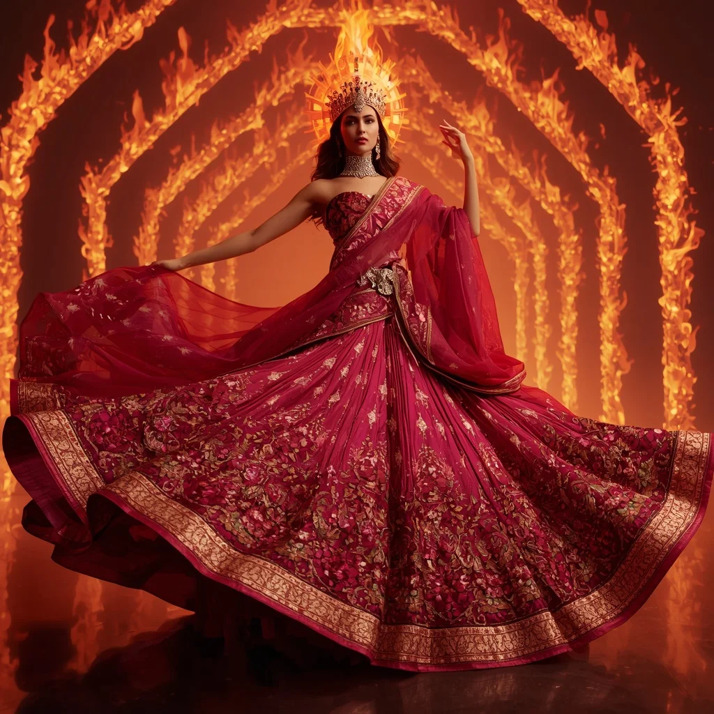 Ruby Solar Crown Saree with Floating Fire Arches and Inferno Royal Sanctuary | Prompt Seen Trending Girl 2026 Instagram