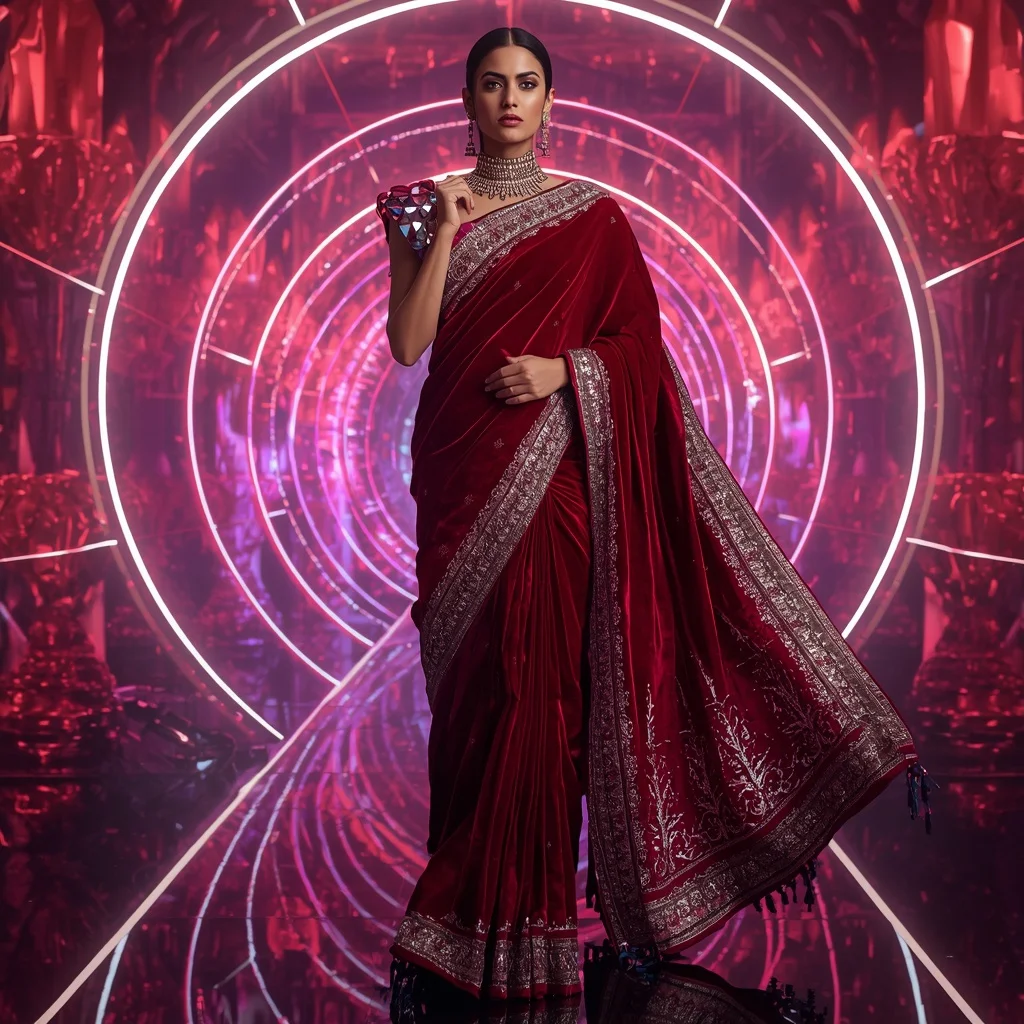 Ruby Velvet Galaxy Saree with Infinity Dome Neon Crystal Empire | Prompt Image