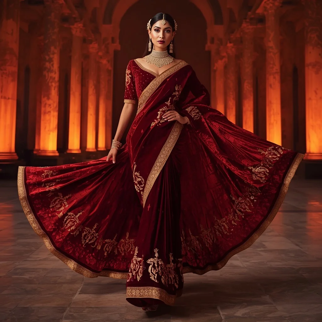Ruby Velvet Inferno Rift Saree – Heavy Bridal Festival Saree with Fierce Royal Walk Pose and Inferno Rift Palace Background | Prompt Seen Gemini Girl Instagram