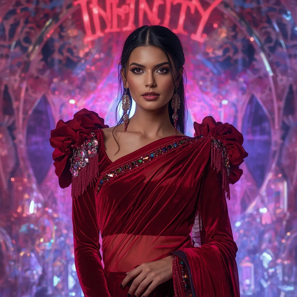 Ruby Velvet Prism Saree with Infinity Dome Neon Crystal Palace | Prompt Seen Trending Girl 2026 Chatgpt