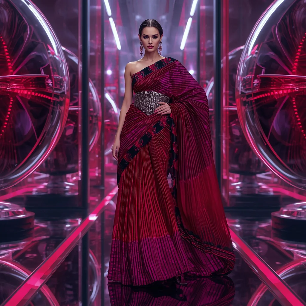 Ruby Voltage Infinity Saree with Mirror Sphere Neon Dimensions | Instagram Influencer Ai Prompt