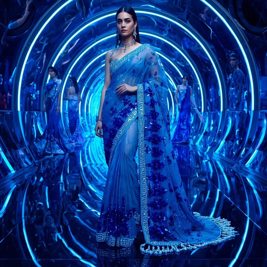 Sapphire Aurora Crystal Saree with Neon Infinity Orbit Palace | Ai Video Generator Prompt