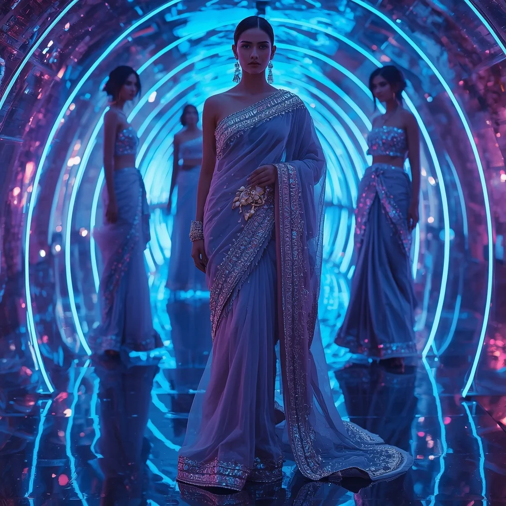 Sapphire Aurora Flame Saree with Neon Infinity Crystal Tunnel | Prompt Seen Trending Girl 2026 Chatgpt