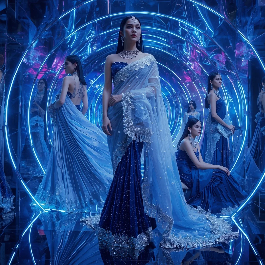 Sapphire Aurora Galaxy Saree with Neon Crystal Infinity Dome | Prompt Seen Girl